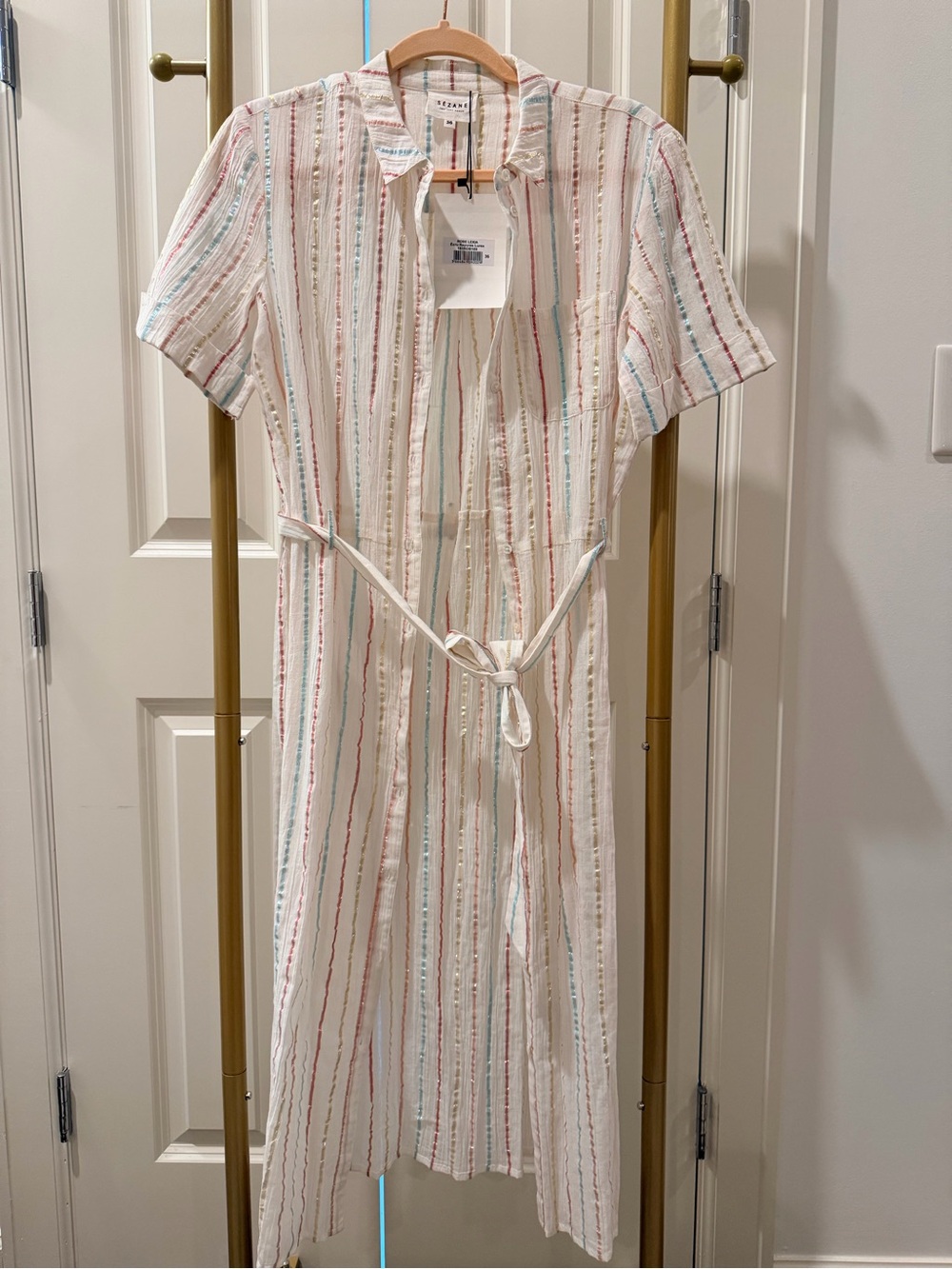 Sezane White Midi Shirt Dress with Multicolor Stripes